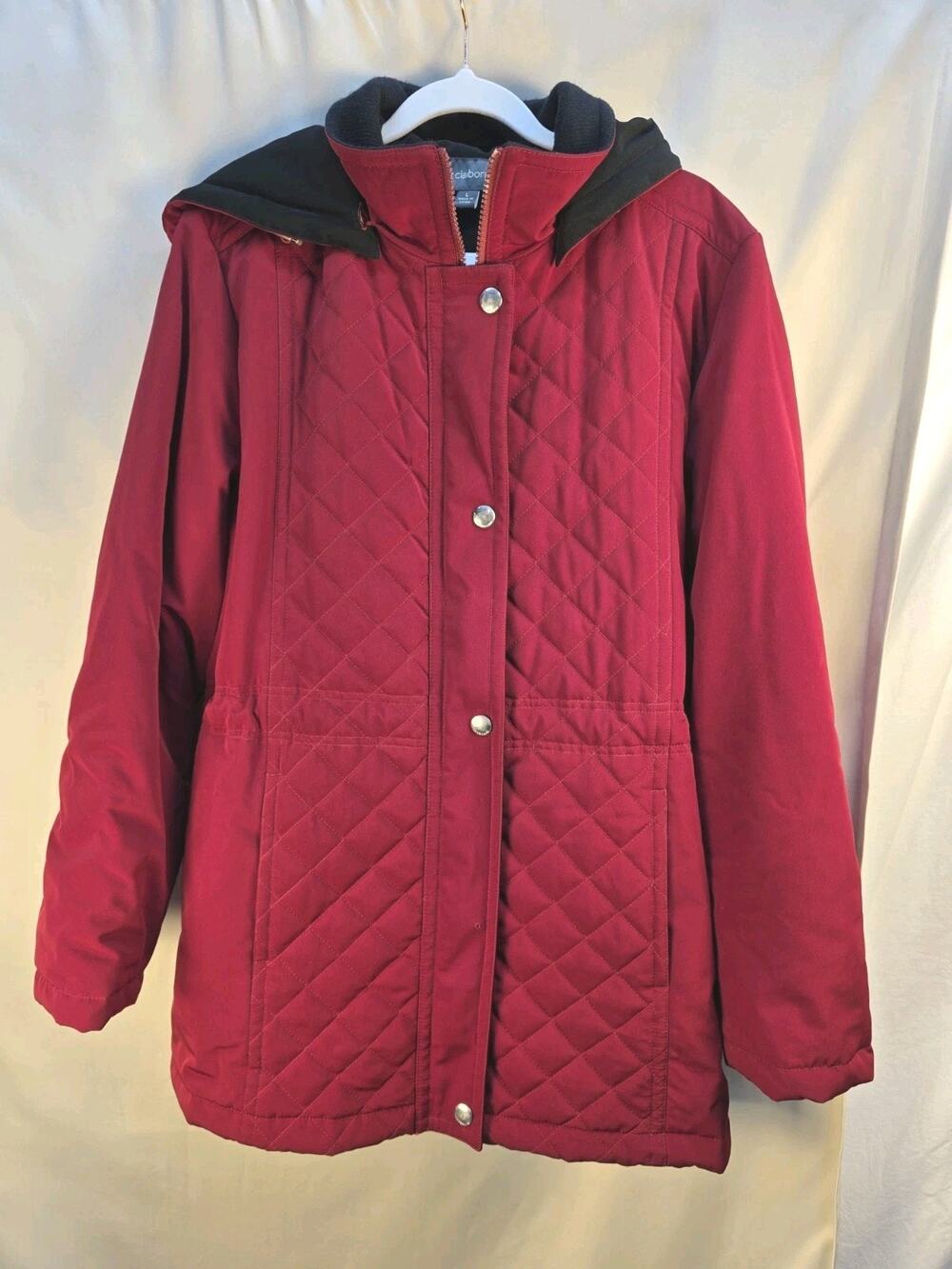 Liz Claiborne Women's Large Hooded Quilted Coat Red Front Full Zipper Warm Cozy